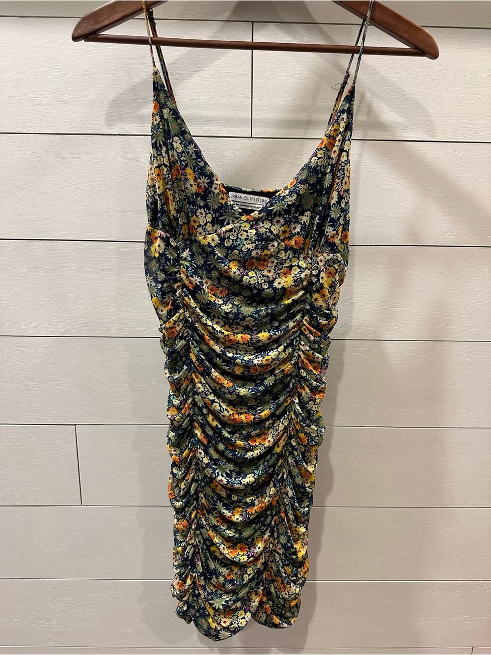 Urban Outfitters Women’s Floral Ruched Slip Dress - Navy/Yellow- size Large